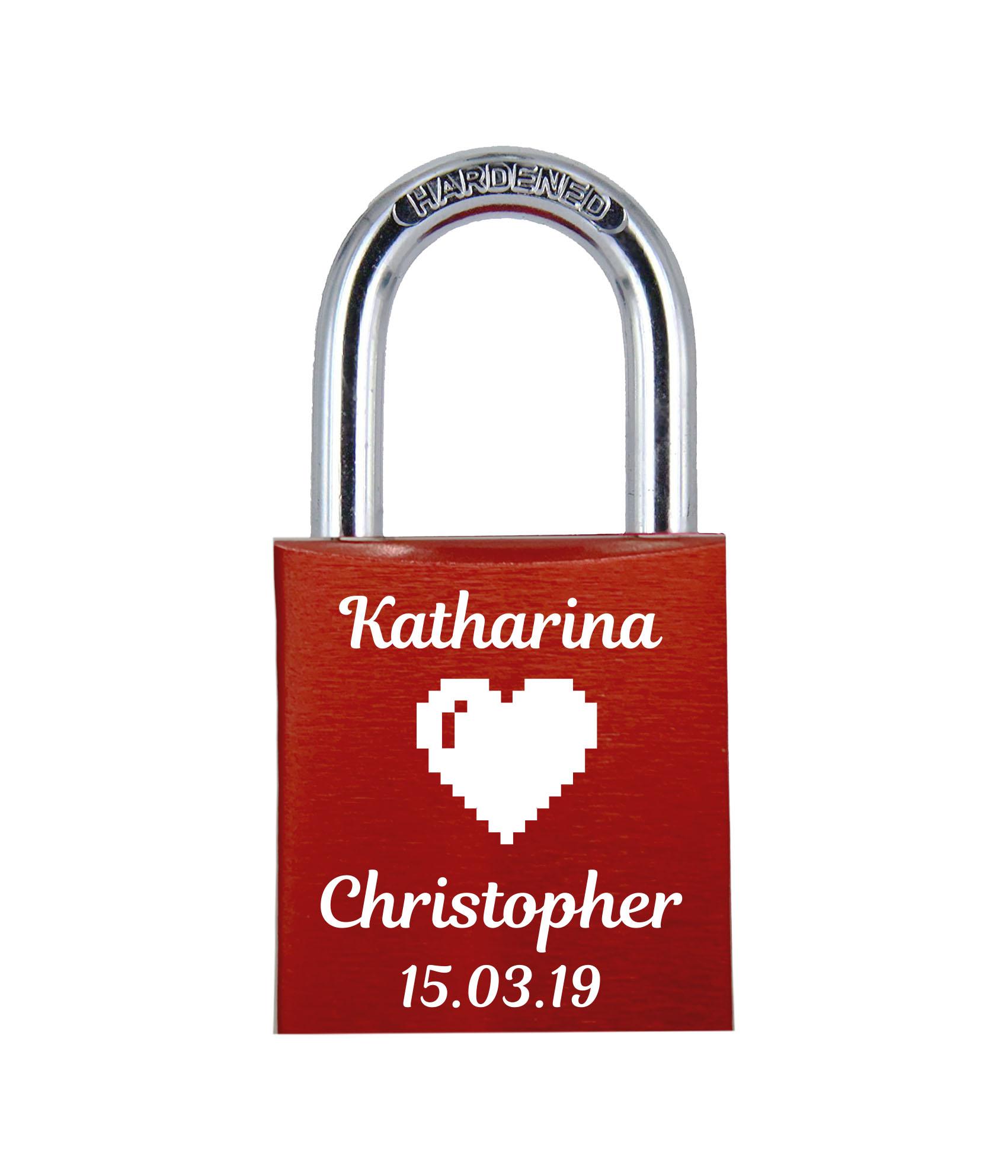 ELUNO Liebesschloss mit Deinem Namen, Datum und Pixelherz graviert! Farbe: Rot Motiv: M012 ELUNO Liebesschloss mit Deinem Namen, Datum und Pixelherz graviert! Farbe: Rot Motiv: M012