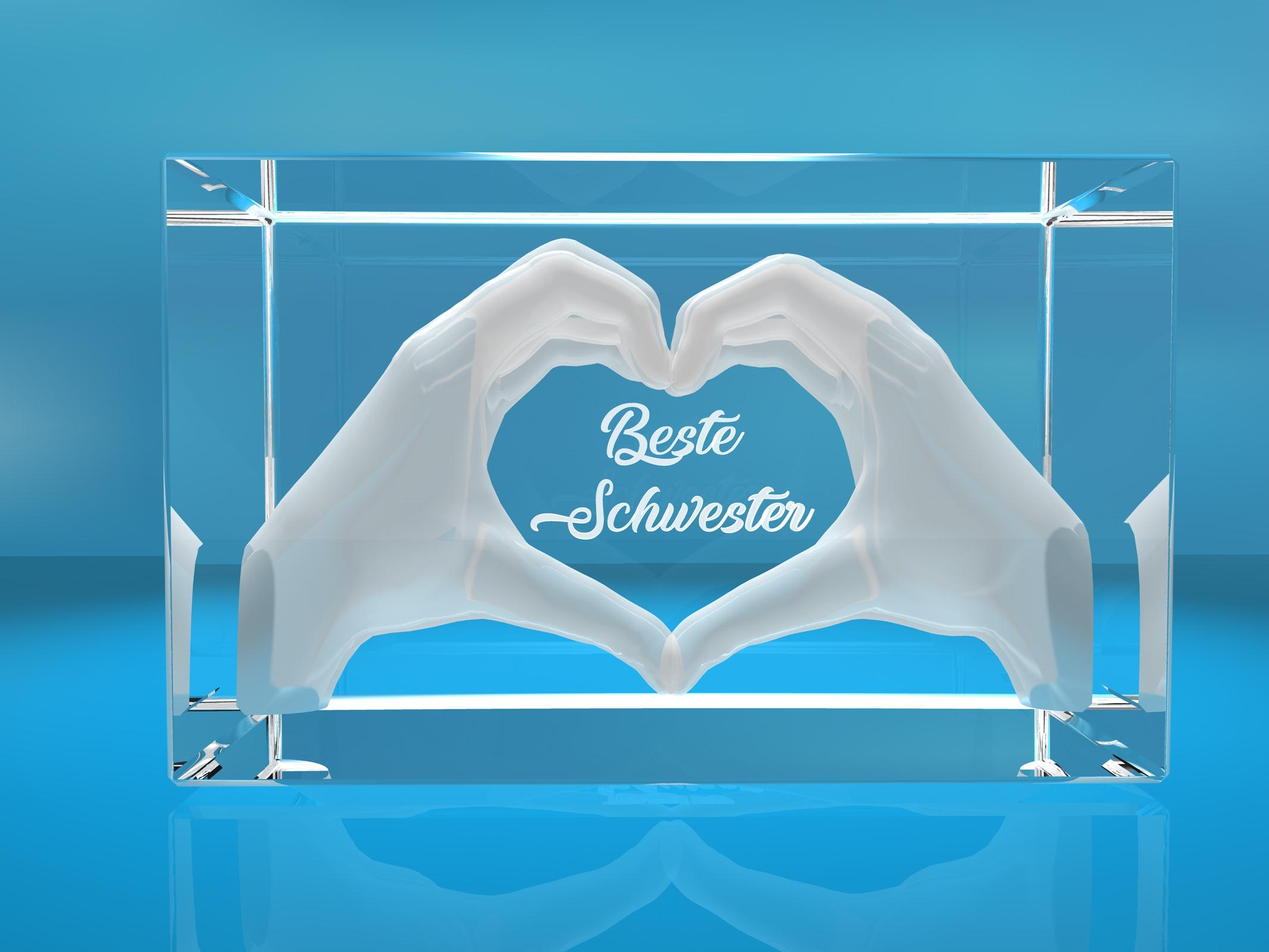 3D Glasquader I Herz aus Händen mit Gravur I Text: Beste Schwester! 3D Glasquader I Herz aus Händen mit Gravur I Text: Beste Schwester!