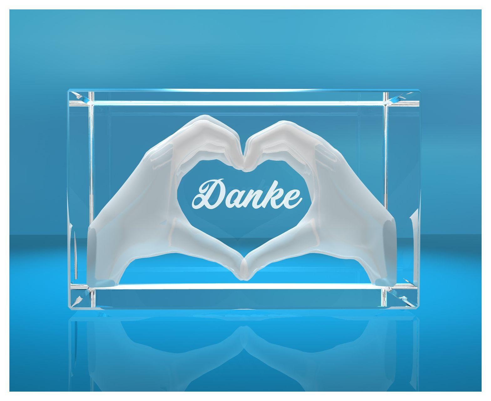 3D Glasquader I Herz aus Händen mit Gravur I Text: Danke