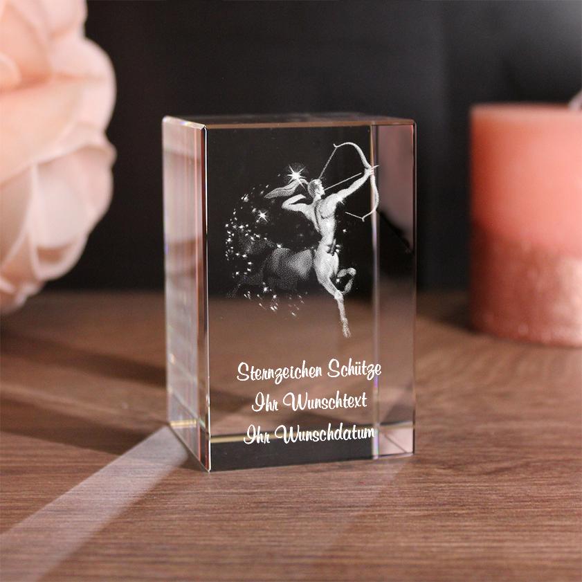 Lovegoals 3D Glasquader Sternzeichen Schütze mit Deinem Wunschtext graviert
