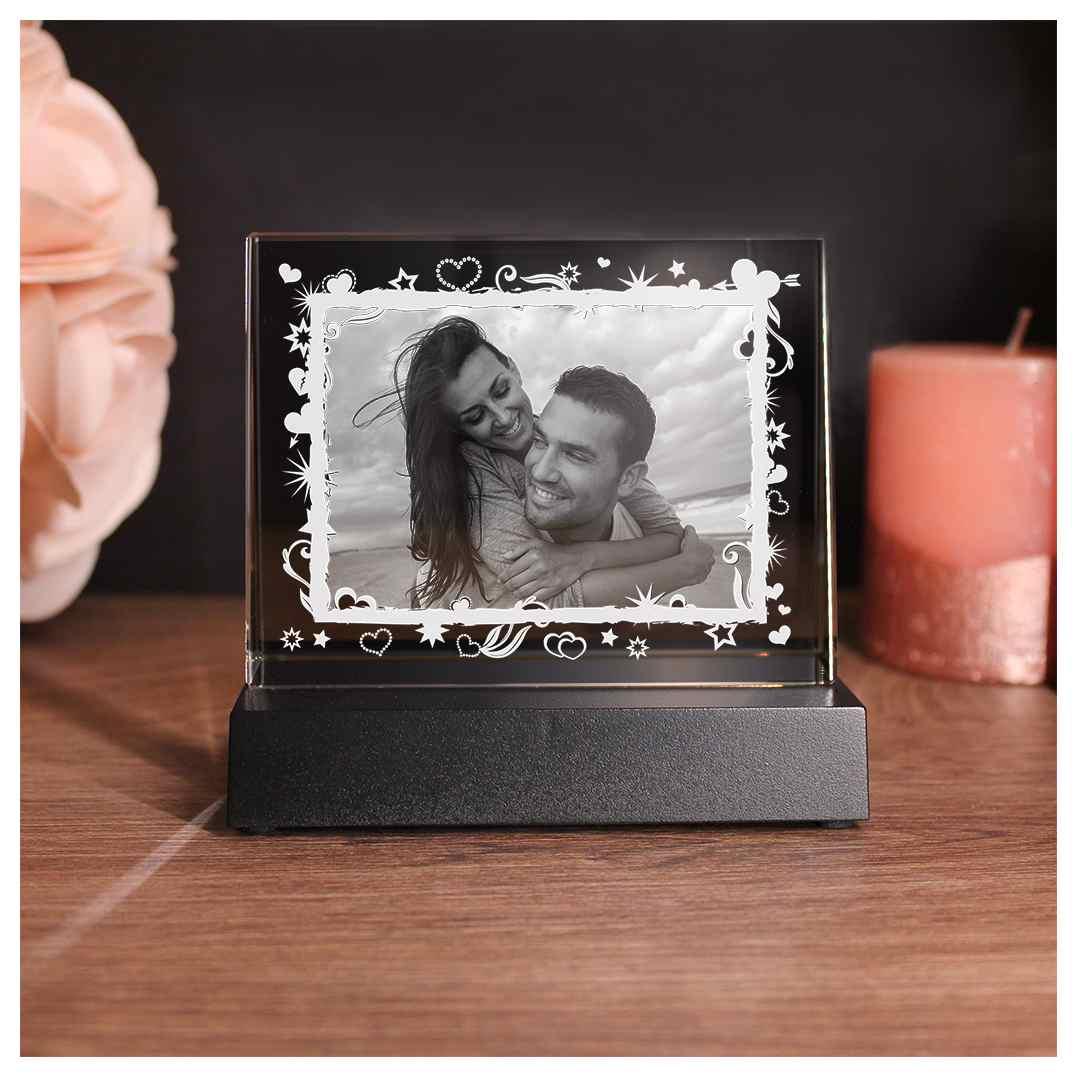 2D Glasfoto Fotoframe Motiv mit Sternen und Herzen und Deinem Wunschfoto