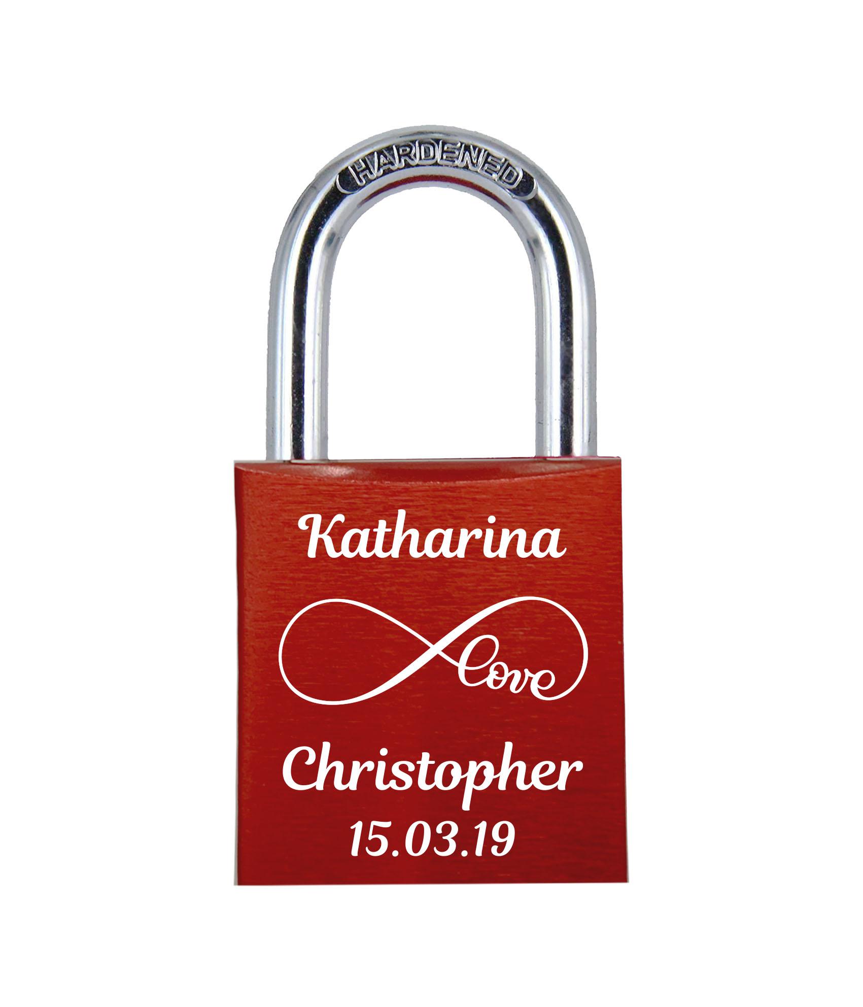 ELUNO Liebesschloss mit Deinem Namen, Datum und Love Unendlichkeitszeichen graviert! Farbe: Rot Motiv: M008
