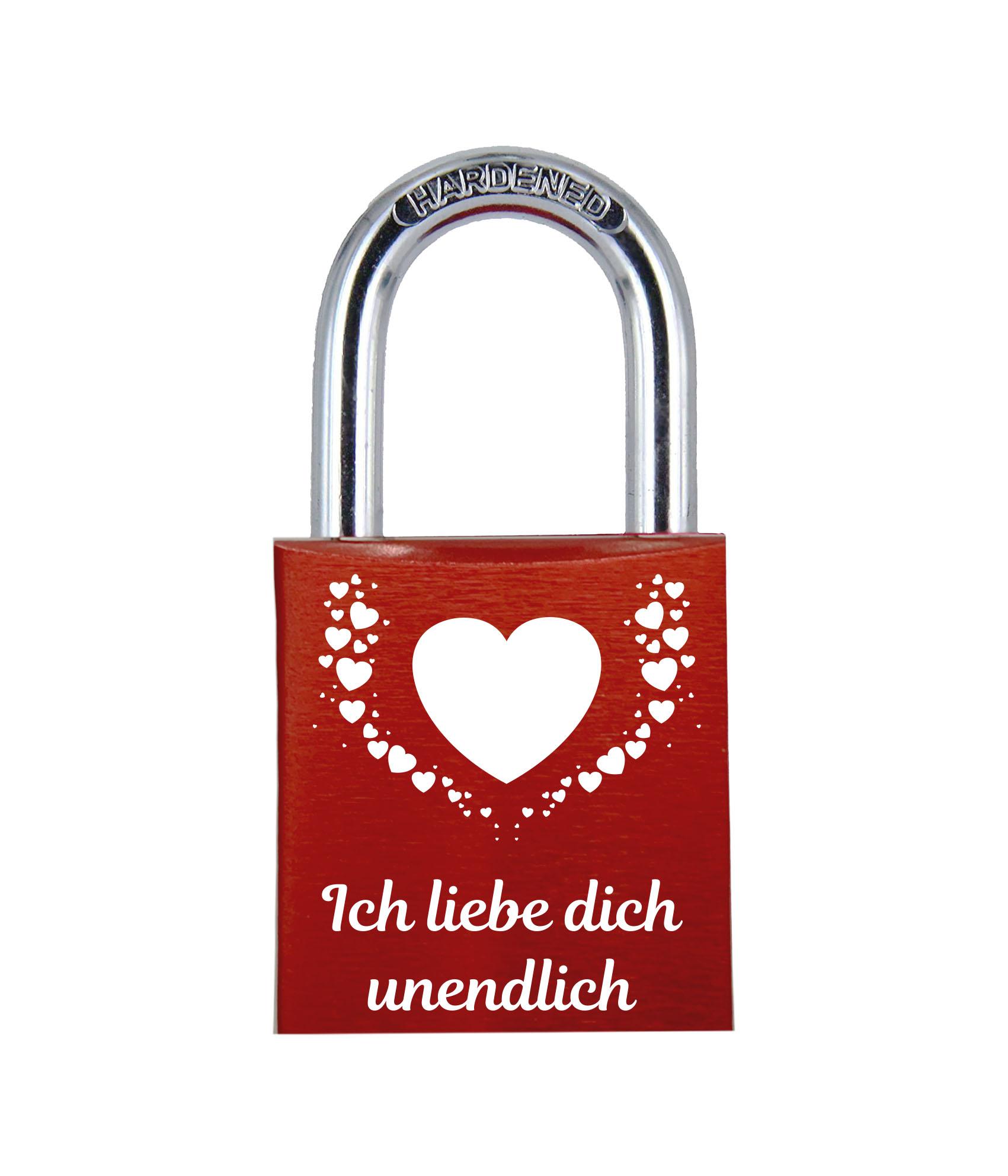 ELUNO Liebesschloss mit Text ich liebe dich unendlich und vielen Herzen graviert! Farbe: Rot Motiv: M015