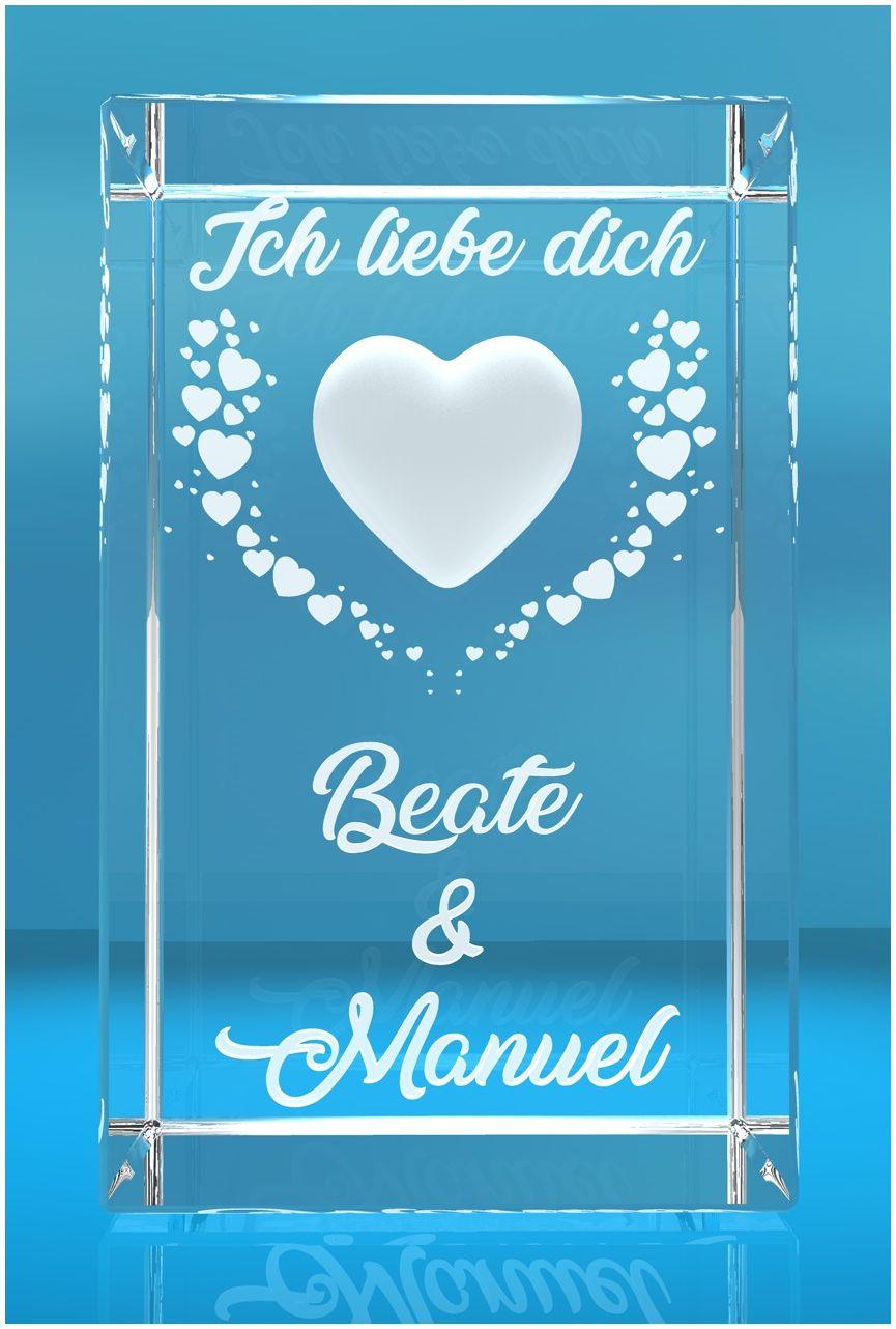 3D Glasquader Motiv: Fliegende Herzen mit Text Ich liebe Dich! + Namen der Partner graviert 3D Glasquader Motiv: Fliegende Herzen mit Text Ich liebe Dich! + Namen der Partner graviert