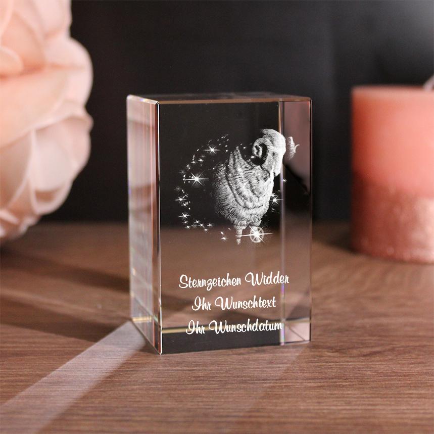 Lovegoals 3D Glasquader Sternzeichen Widder mit Deinem Wunschtext graviert