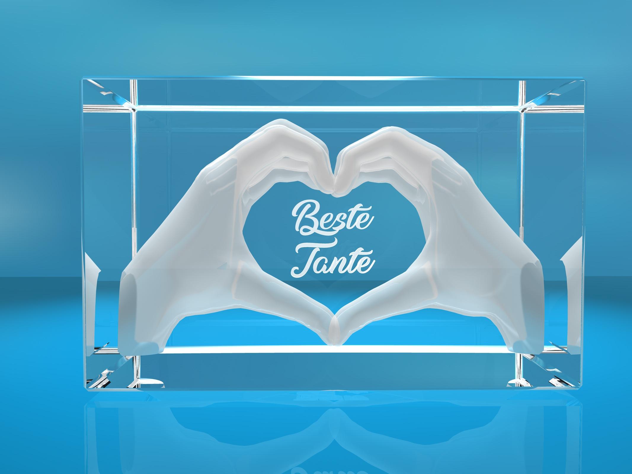 3D Glasquader I Herz aus Händen mit Gravur I Text: Beste Tante!