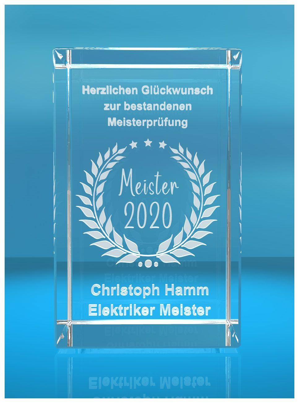 3D Glasquader Meister 2020 Glückwunsch mit Wunschtext Geschenk zur Meisterprüfung 3D Glasquader Meister 2020 Glückwunsch mit Wunschtext Geschenk zur Meisterprüfung
