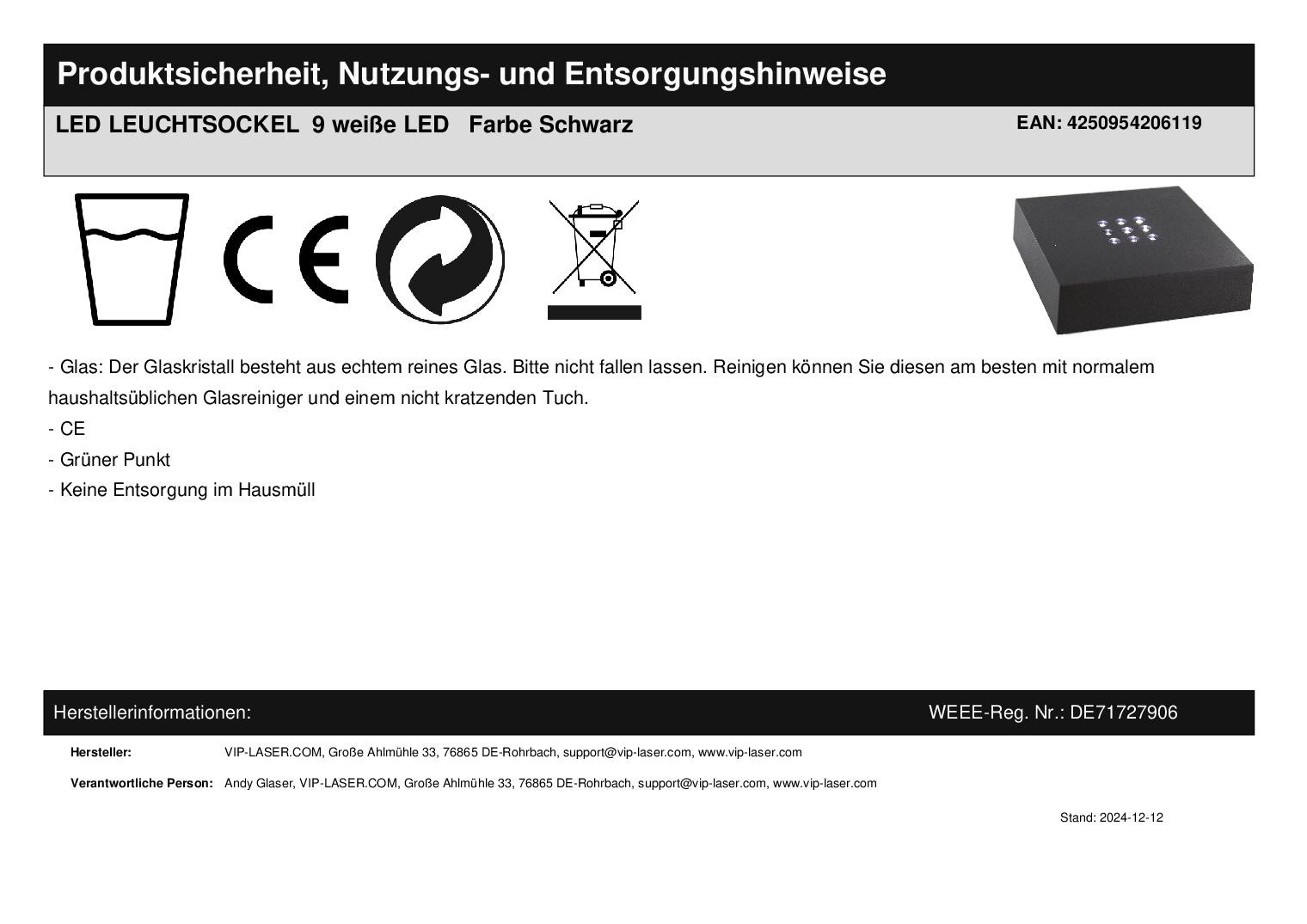 LED LEUCHTSOCKEL  9 weiße LED   Farbe Schwarz