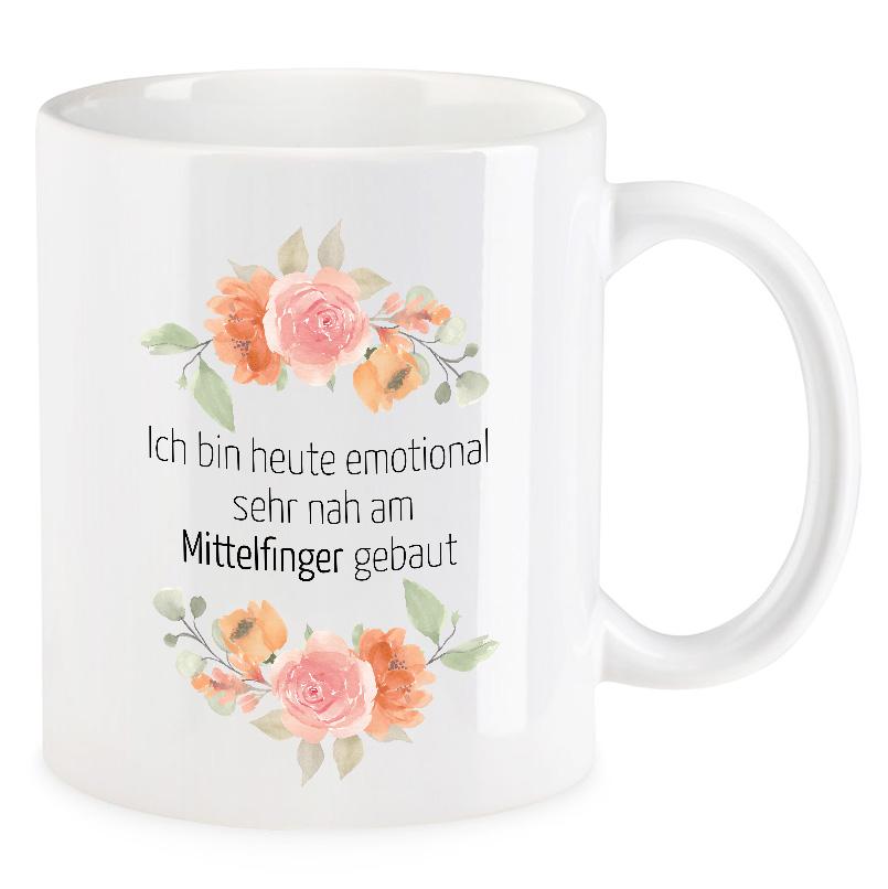 VIP-LASER Kaffee-Tasse Blütendekor mit witzigem Spruch | Ich bin heute emotional sehr nah am Mittelfinger gebaut VIP-LASER Kaffee-Tasse Blütendekor mit witzigem Spruch | Ich bin heute emotional sehr nah am Mittelfinger gebaut