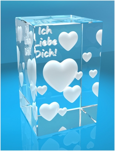 3D Glaquader I Viele Herzen in 3D I Text: Ich liebe Dich