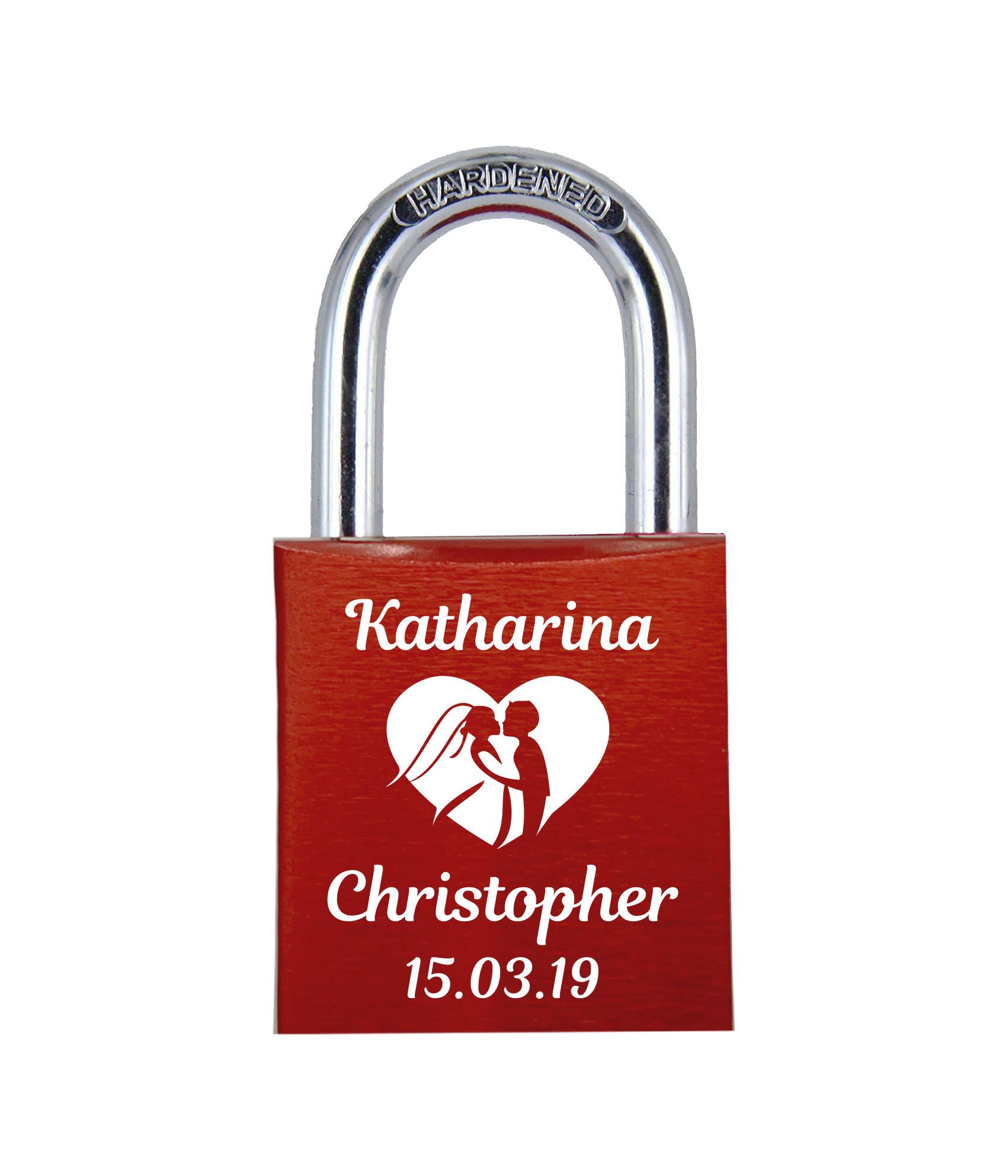 ELUNO Liebesschloss mit Deinem Namen, Datum und Hochzeitspaar graviert! Farbe: Rot Motiv: M009 ELUNO Liebesschloss mit Deinem Namen, Datum und Hochzeitspaar graviert! Farbe: Rot Motiv: M009