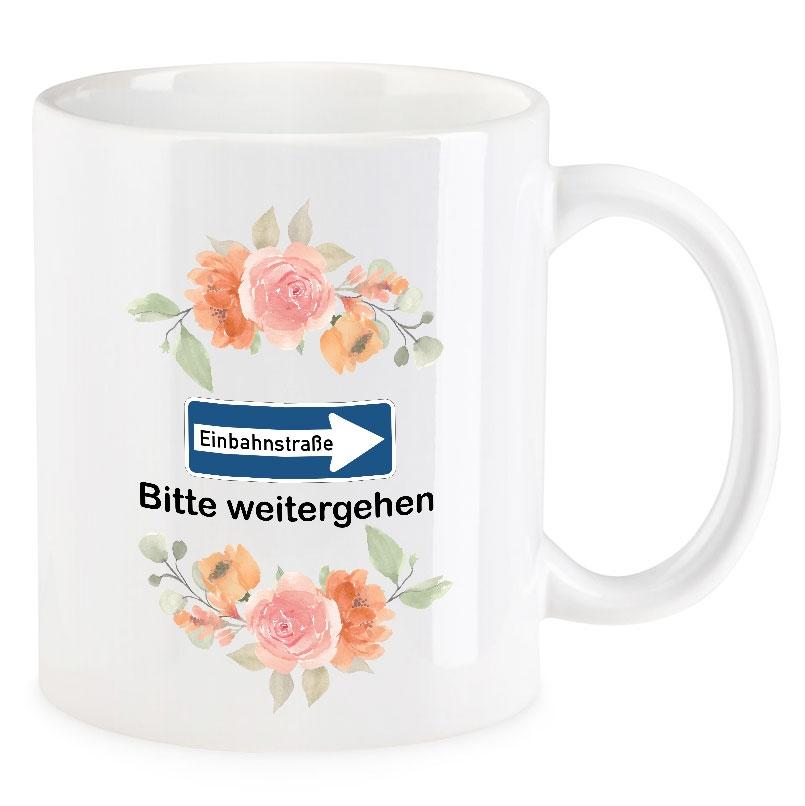 VIP-LASER Kaffee-Tasse Blütendekor mit witzigem Spruch | Einbahnstraße VIP-LASER Kaffee-Tasse Blütendekor mit witzigem Spruch | Einbahnstraße