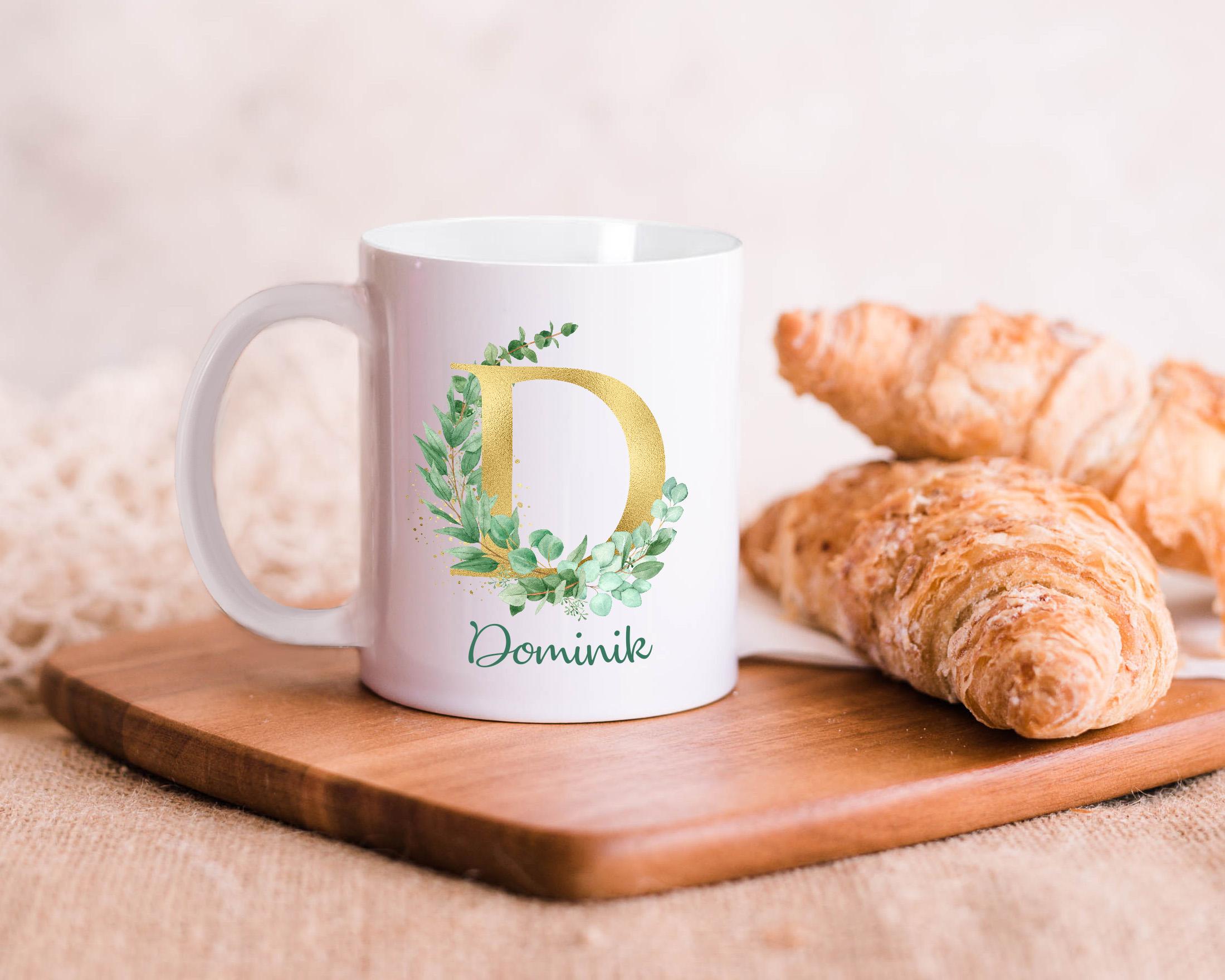 LOVEGOALS Kaffeetasse Eukalyptus Namenstasse Monogramm personalisiert incl. Deinem Wunschnamen
