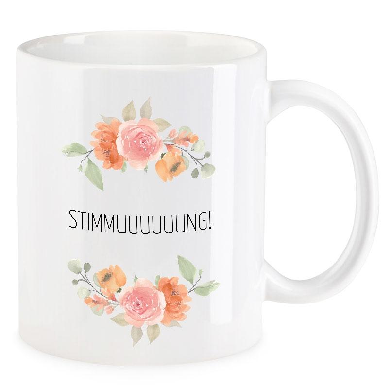 VIP-LASER Kaffee-Tasse Blütendekor mit witzigem Spruch | Stimmuuuuuuung! VIP-LASER Kaffee-Tasse Blütendekor mit witzigem Spruch | Stimmuuuuuuung!