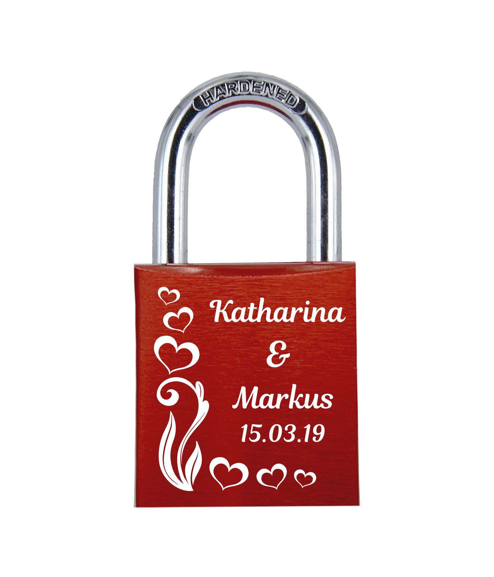 ELUNO Liebesschloss mit Deinem Namen, Datum und Verzierung mit Herzen! Farbe: Rot Motiv: M017 ELUNO Liebesschloss mit Deinem Namen, Datum und Verzierung mit Herzen! Farbe: Rot Motiv: M017