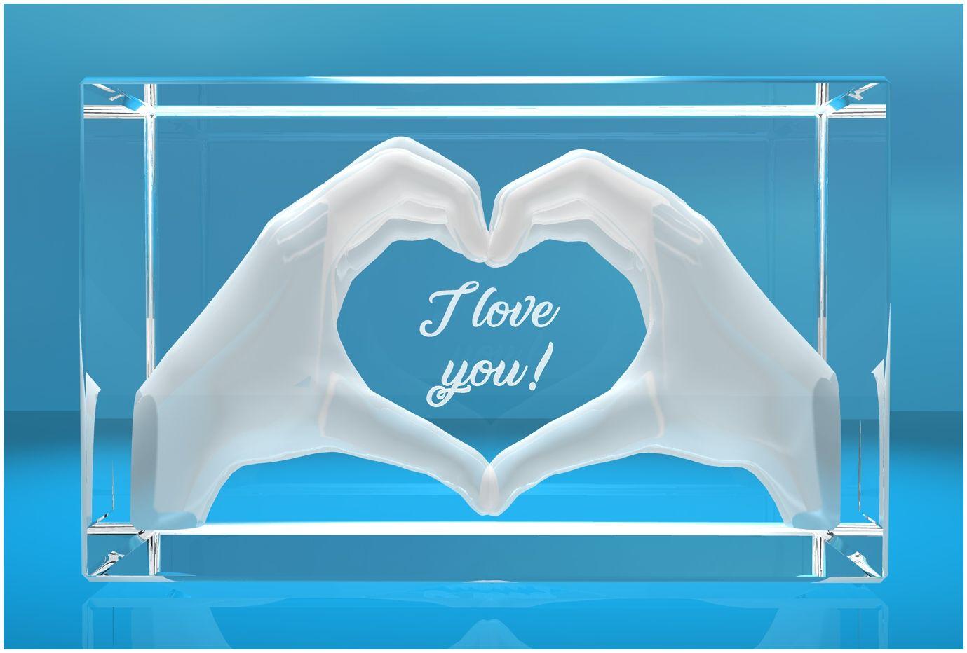 3D Glasquader I Herz aus Händen mit Gravur I Text: I love you!