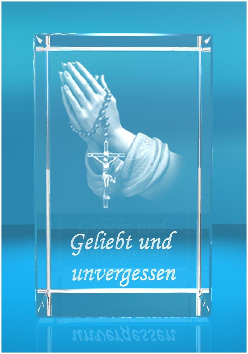 3D Glasquader   Motiv: Betende Hände Text: Geliebt und unvergessen!