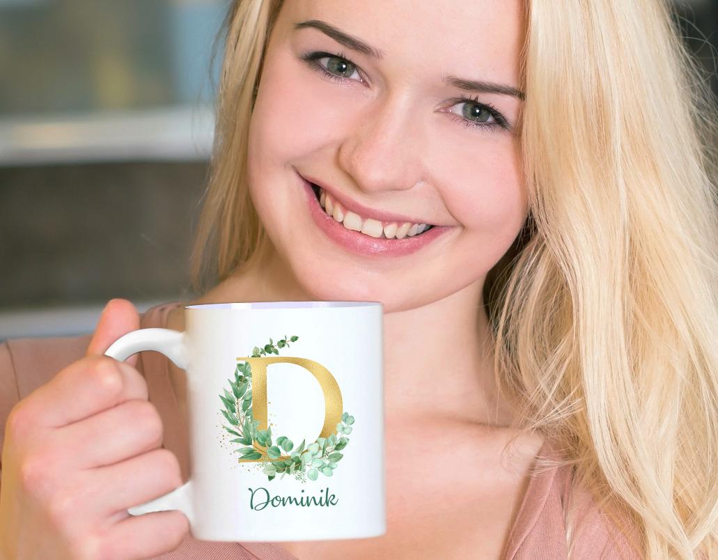 LOVEGOALS Kaffeetasse Eukalyptus Namenstasse Monogramm personalisiert incl. Deinem Wunschnamen