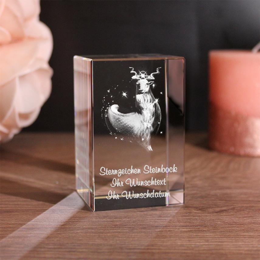 Lovegoals 3D Glasquader Sternzeichen Steinbock mit Deinem Wunschtext graviert