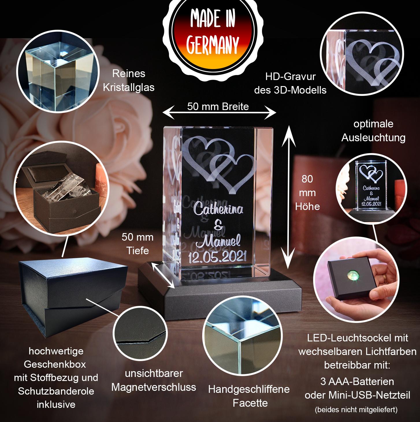 LoveGoals 3D Glaskristall Verschlungene Herzen