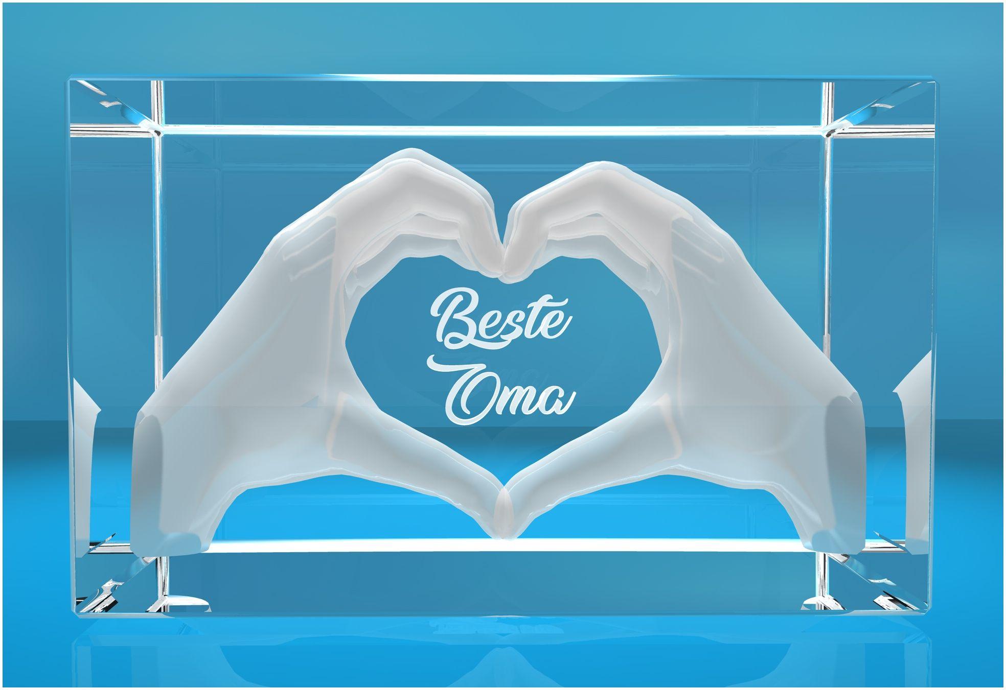3D Glasquader I Herz aus Händen mit Gravur I Text: Beste Oma!