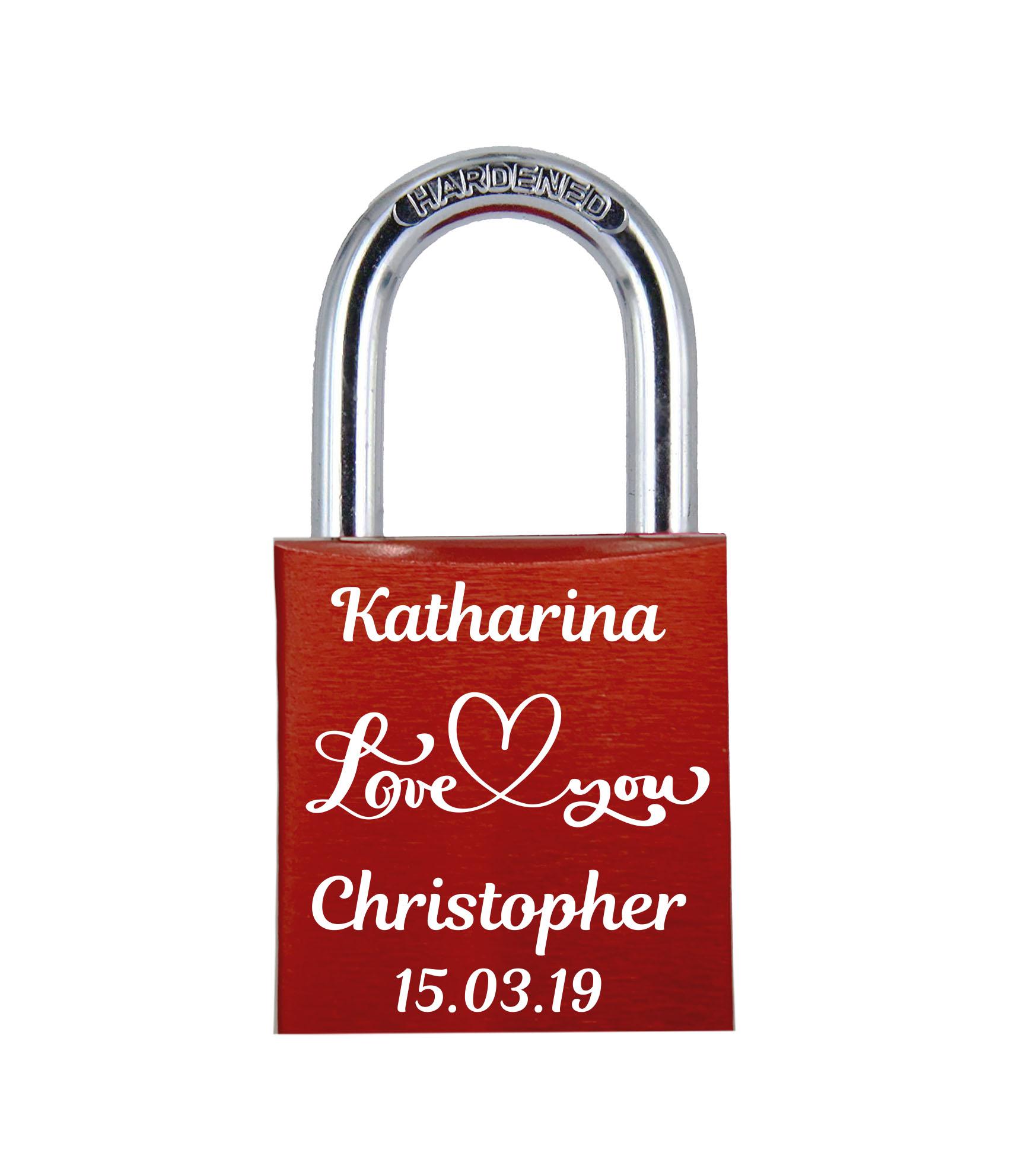 ELUNO Liebesschloss mit Deinem Namen, Datum und Text love you graviert! Farbe: Rot Motiv: M014