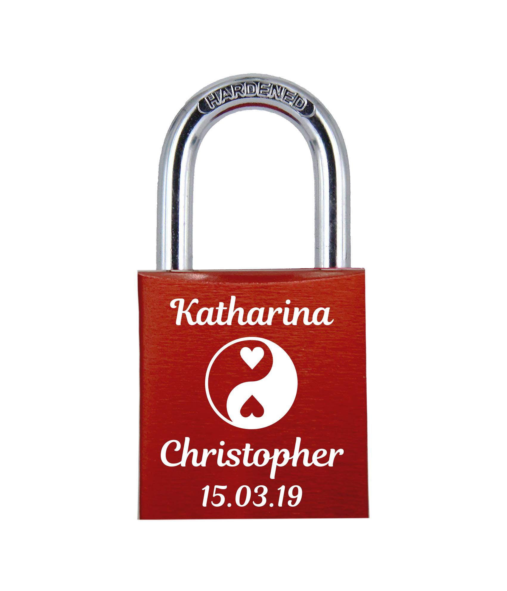 ELUNO Liebesschloss mit Deinem Namen, Datum und Yin und Yang Symbol graviert! Farbe: Rot Motiv: M011
