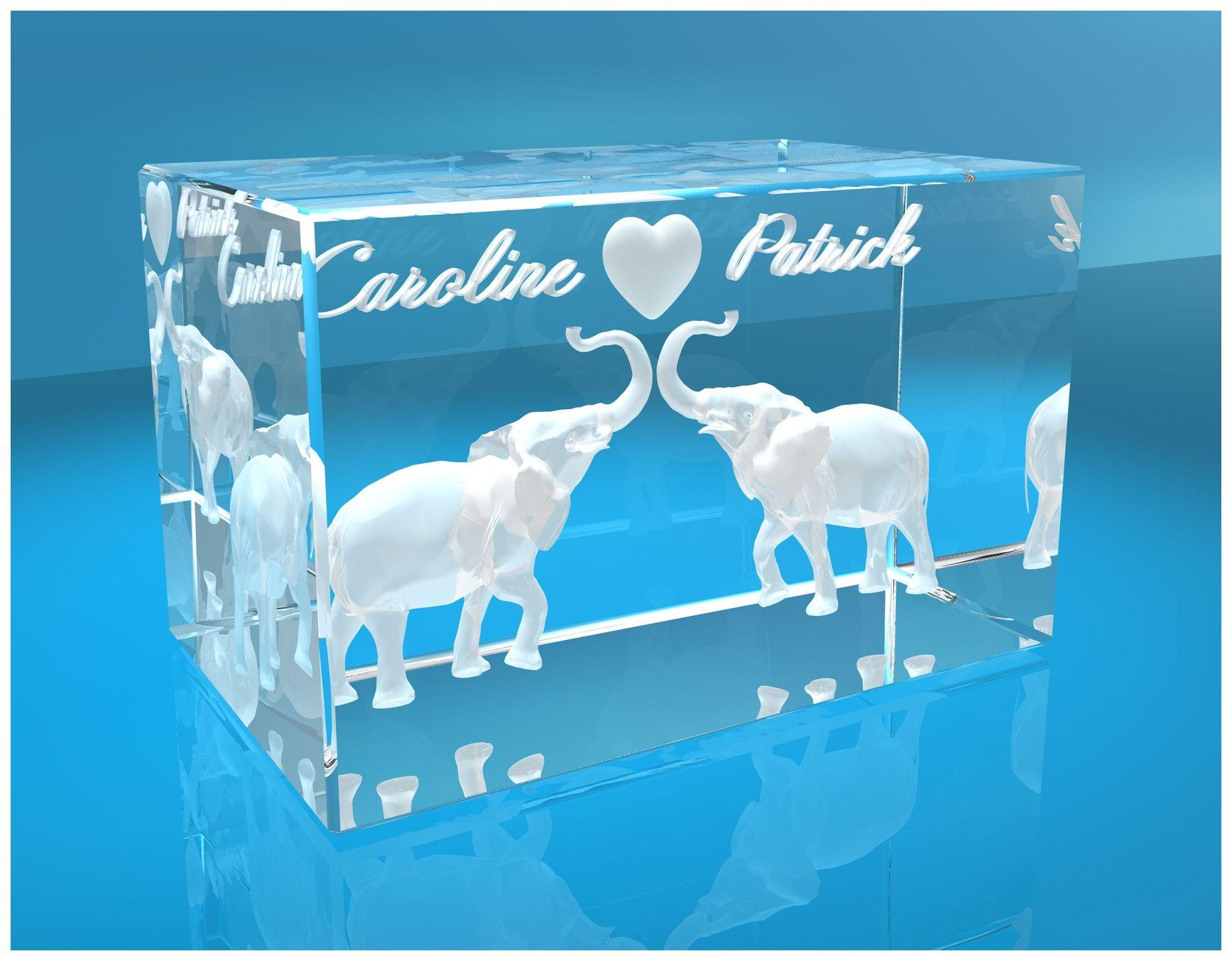 3D Glasquader   verliebte Elefanten mit Herz in 3D und zwei Wunschnamen   Geschenk für den Partner die Partnerin   zum Valentinstag Jahrestag Hochzeit