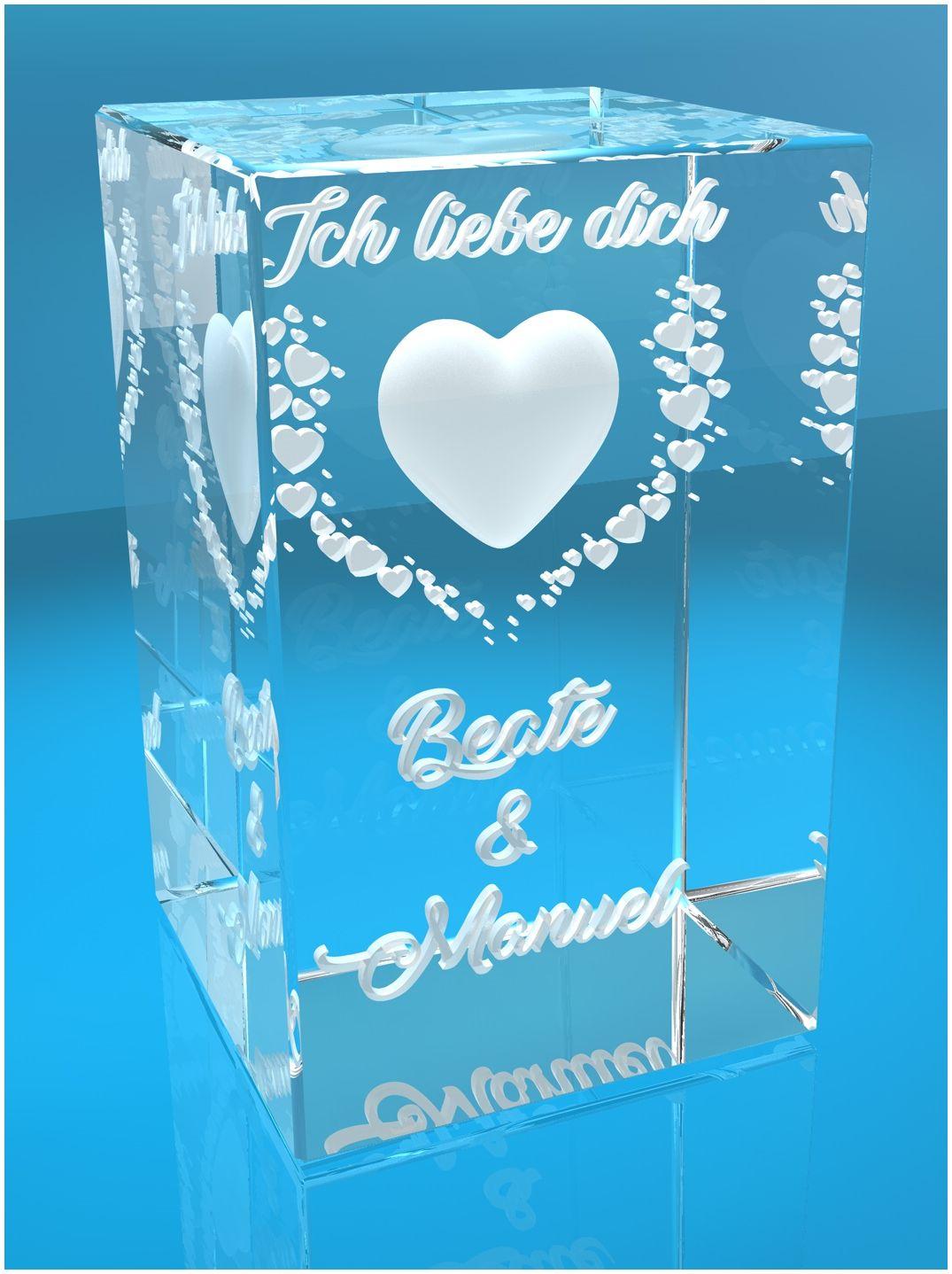 3D Glasquader   Motiv: Fliegende Herzen mit Text Ich liebe Dich! + Namen der Partner graviert