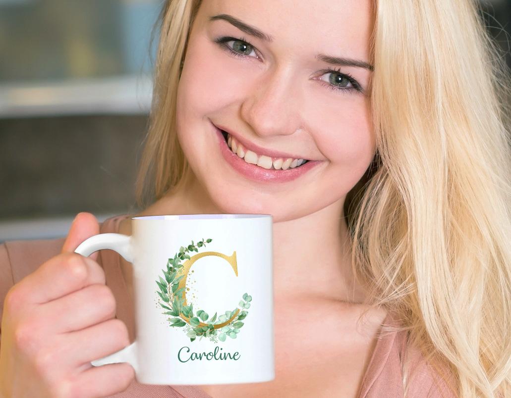LOVEGOALS Kaffeetasse Eukalyptus Namenstasse Monogramm personalisiert incl. Deinem Wunschnamen