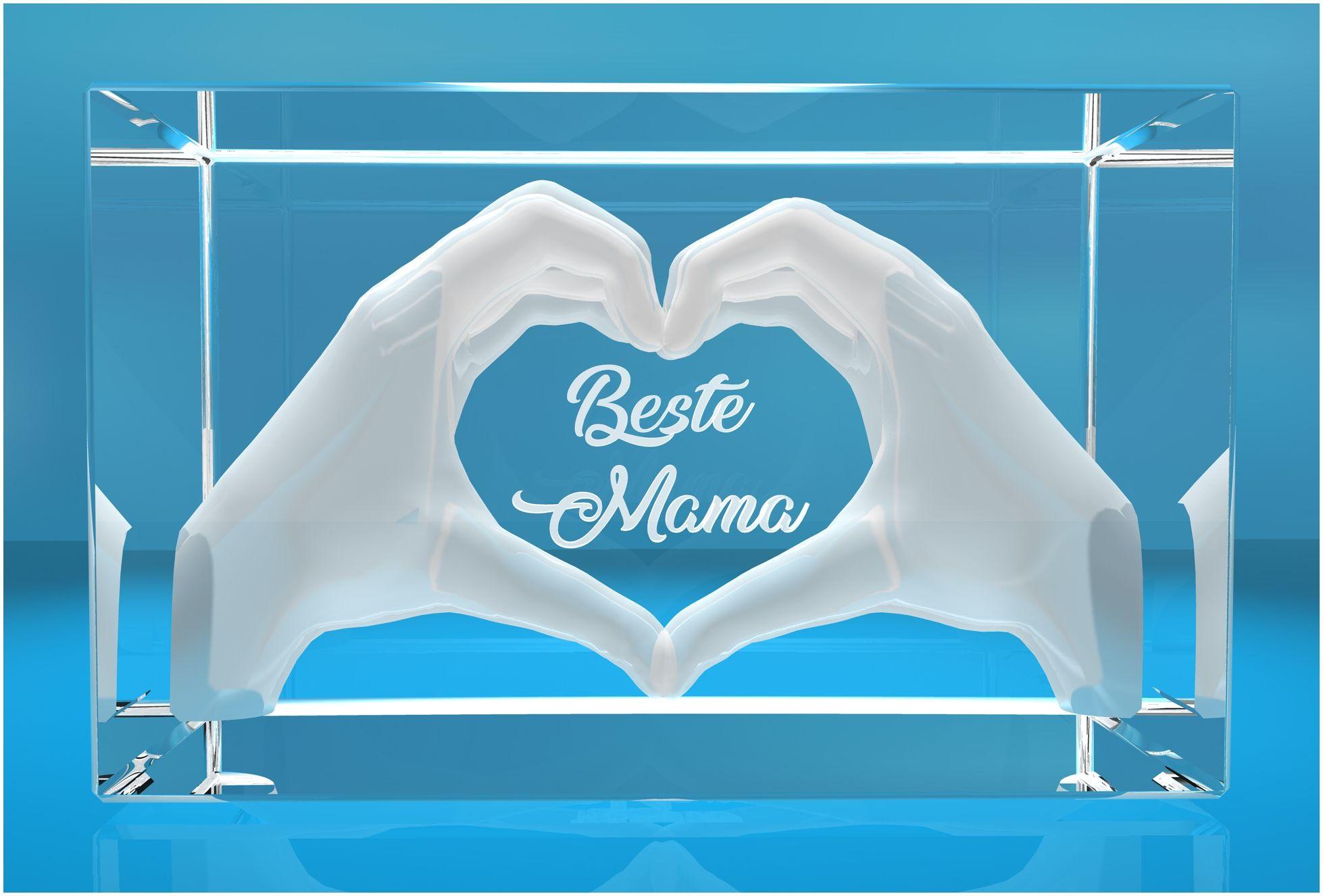 3D Glasquader I Herz aus Händen mit Gravur I Text: Beste Mama!