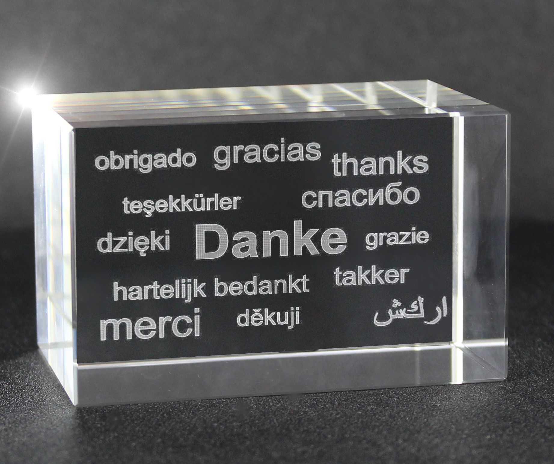 VIP-LASER 3D Glas Kristall Quader XL mit Text Danke n verschiedenen Sprachen! Das tolle Geschenk für einen liebenden Menschen!