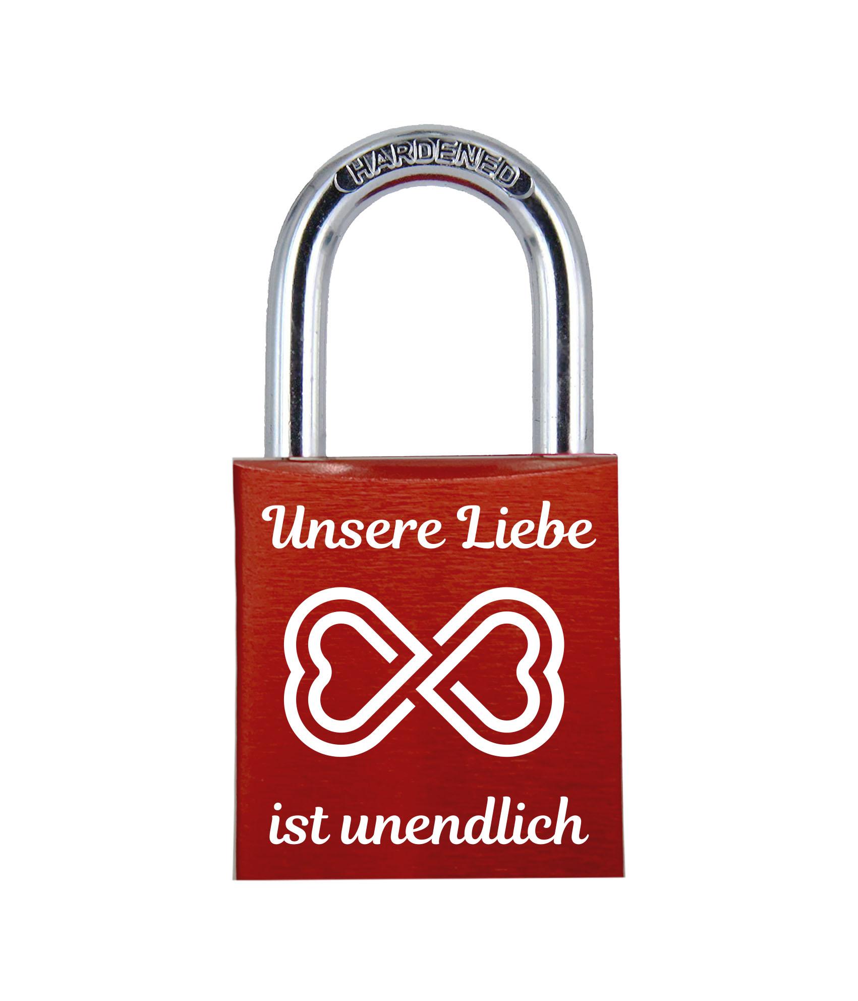 ELUNO Liebesschloss mit Text Unsere Liebe ist unendlich und Herzen der unendlichen Liebe graviert! Farbe: Rot Motiv: M010