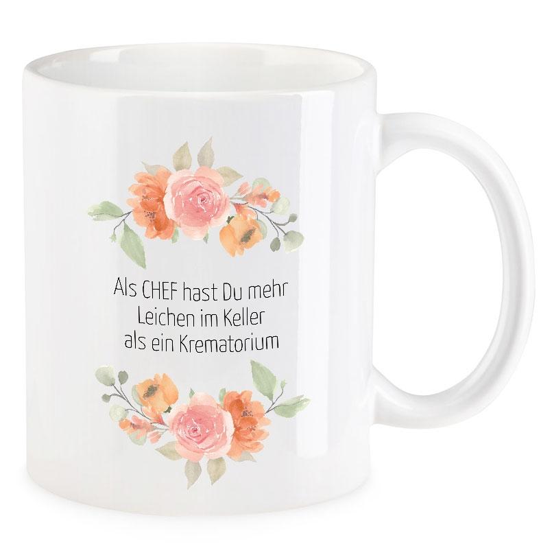 VIP-LASER Kaffee-Tasse Blütendekor mit witzigem Spruch | Als CHEF hast Du mehr Leichen im Keller als ein Krematorium VIP-LASER Kaffee-Tasse Blütendekor mit witzigem Spruch | Als CHEF hast Du mehr Leichen im Keller als ein Krematorium