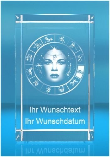 3D Glasquader   Motiv: Sternzeichen Jungfrau + Wunschtext