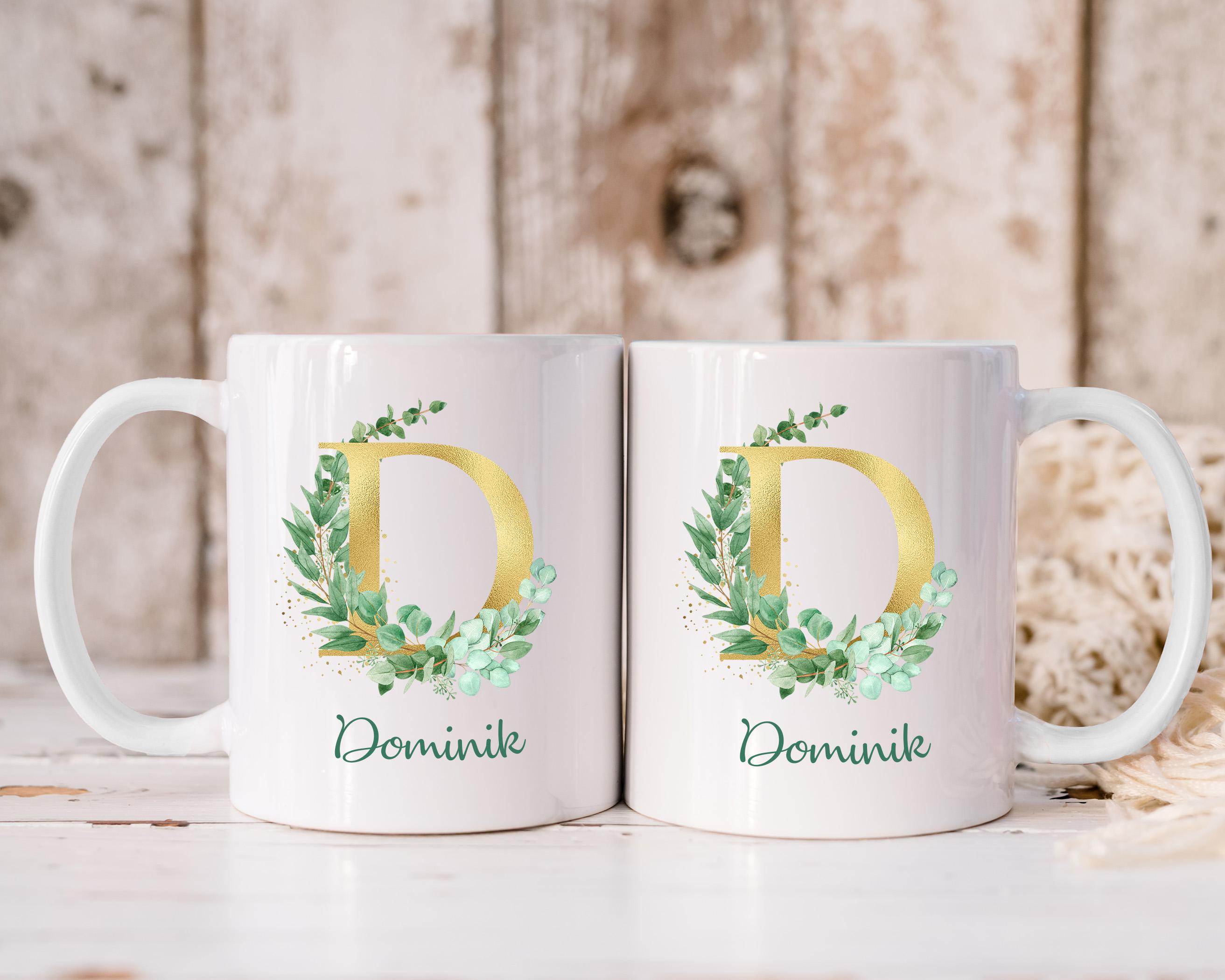 LOVEGOALS Kaffeetasse Eukalyptus Namenstasse Monogramm personalisiert incl. Deinem Wunschnamen
