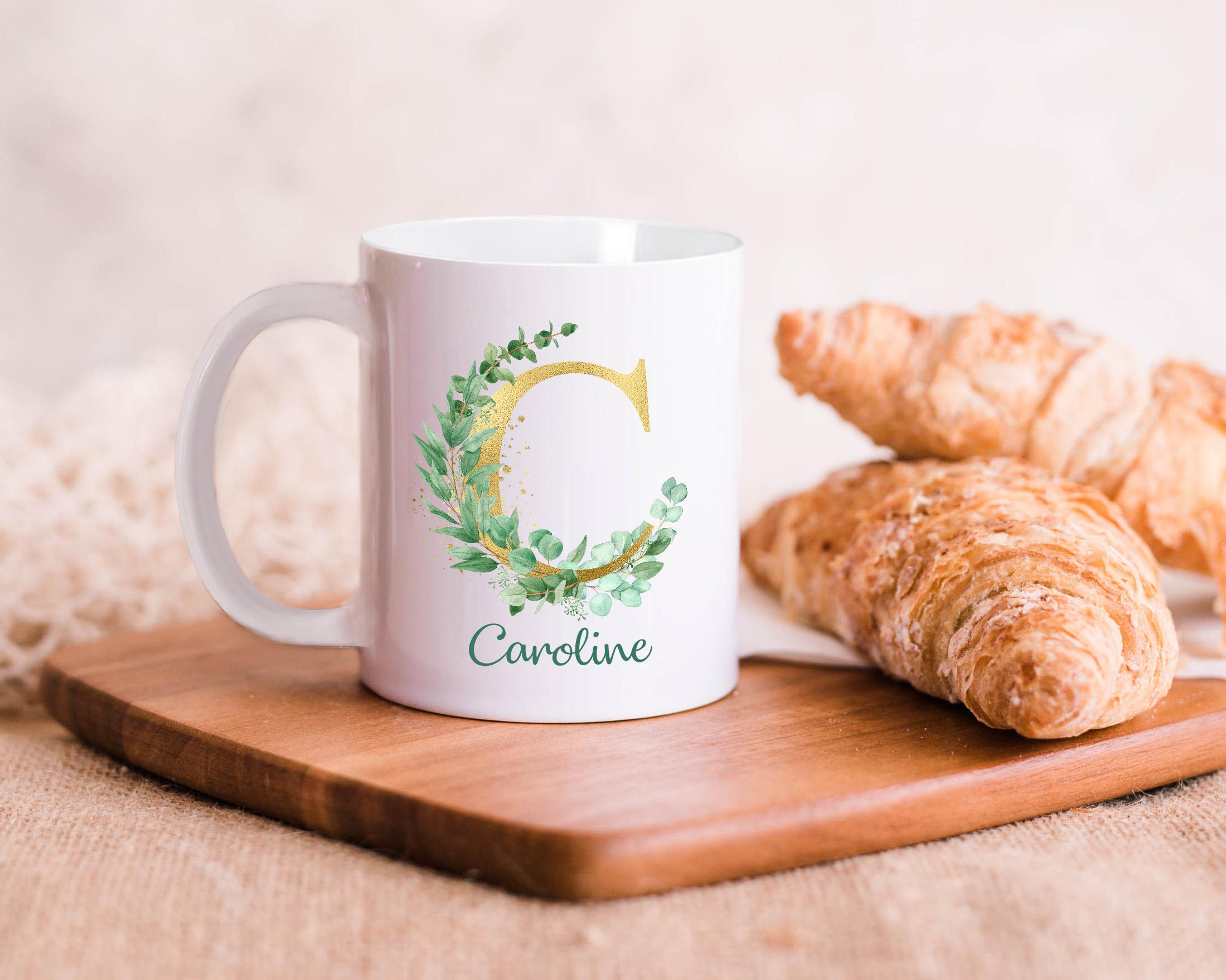 LOVEGOALS Kaffeetasse Eukalyptus Namenstasse Monogramm personalisiert incl. Deinem Wunschnamen